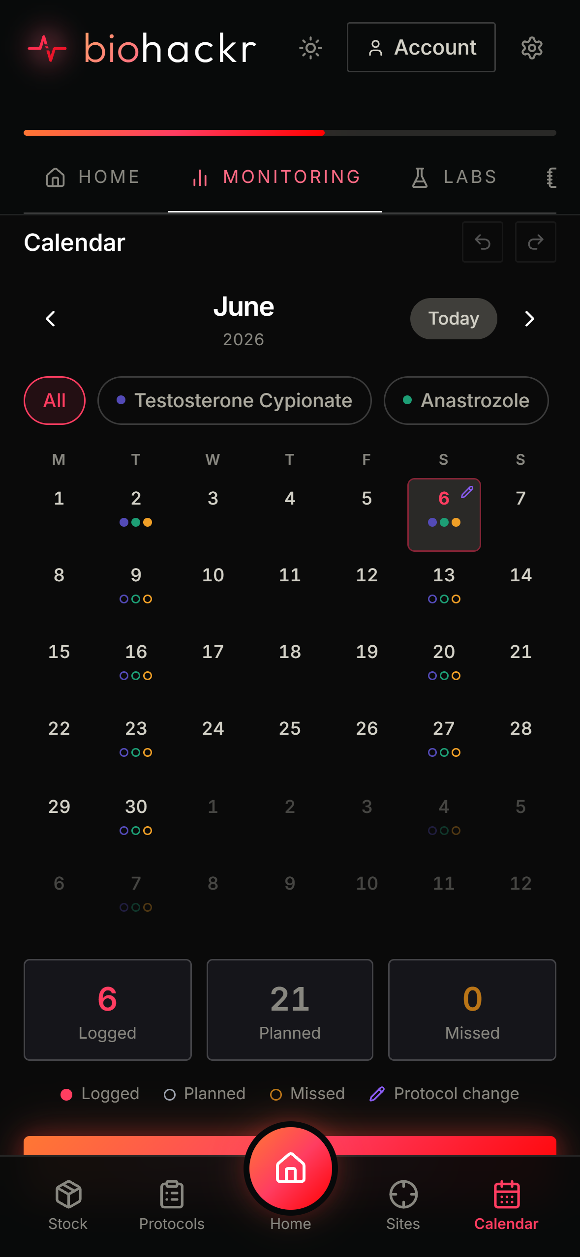 Biohackr calendar on iPhone with logged, planned, and missed doses