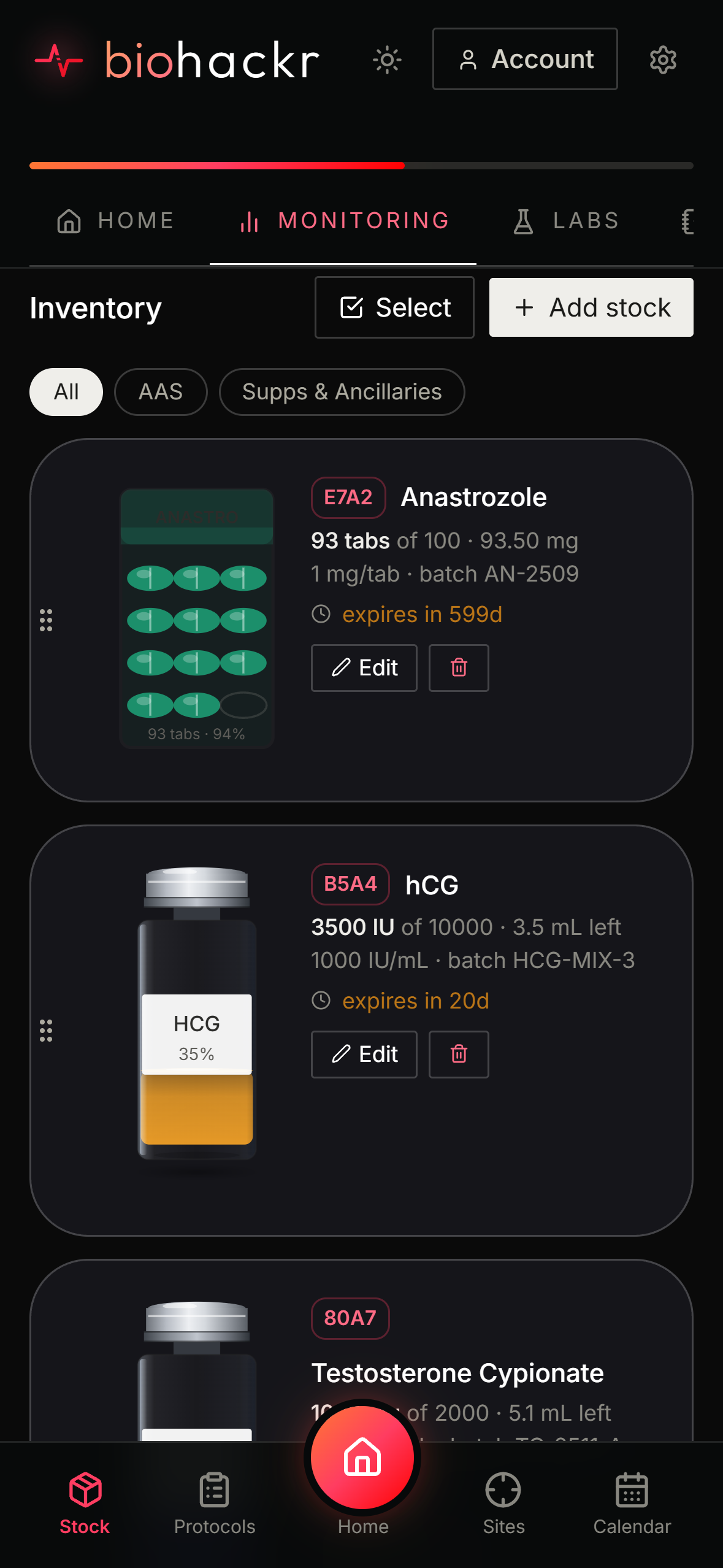 Biohackr inventory on iPhone with vials and tablets, batch and expiry tracking